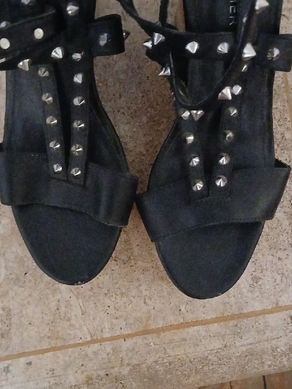 Marc Fisher Black Studded T-Strap Heeled Sandals